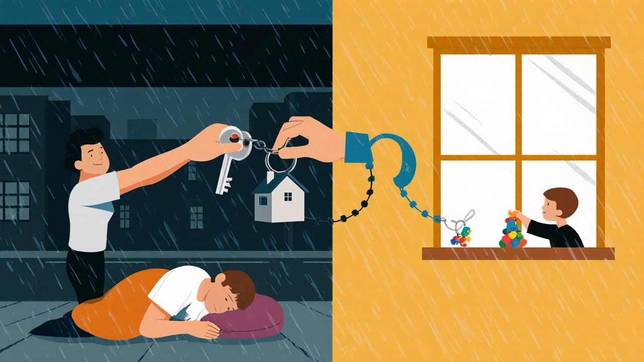 A chain of hands passes a key from a caseworker to a homeless person, ending with a child placing a toy in a window.