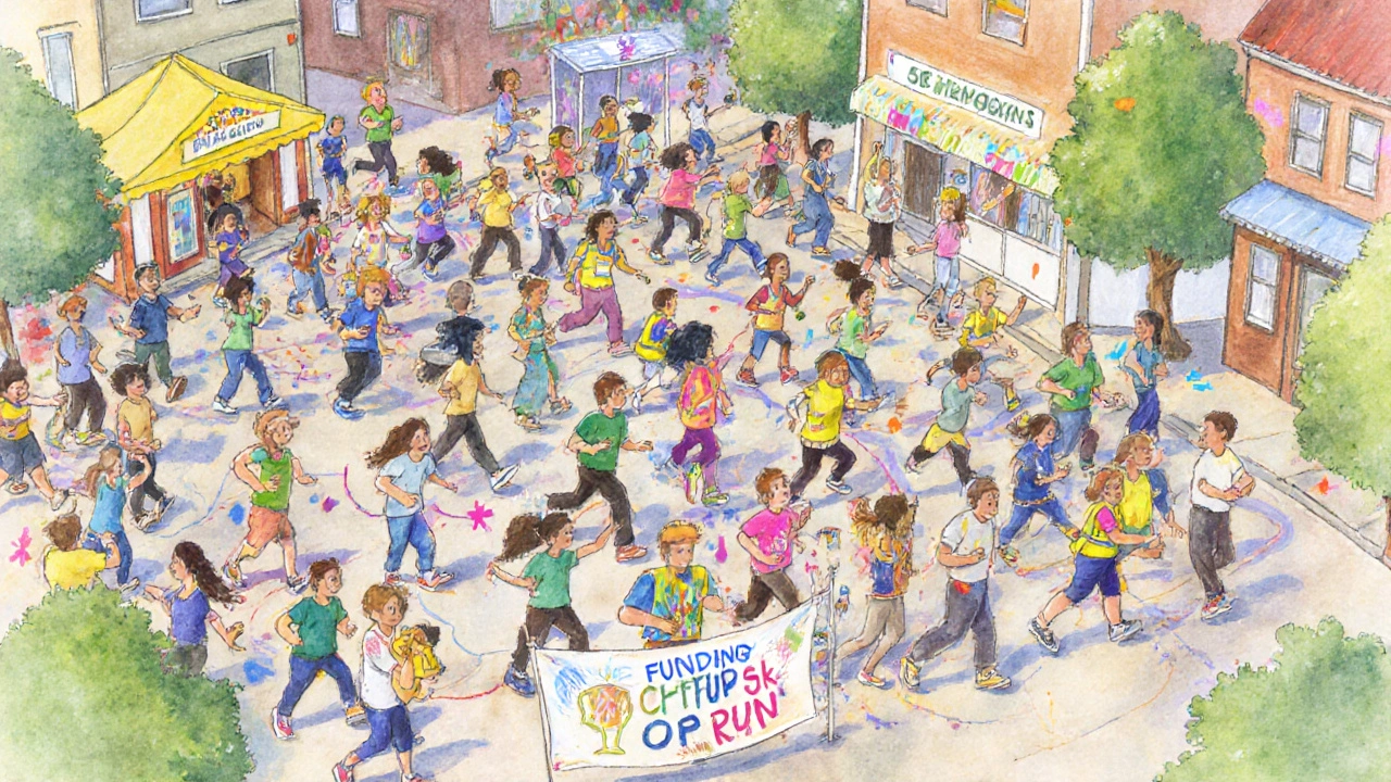 Aerial view of a lively 5K fun run through a town square with participants, booths, and festive decorations.