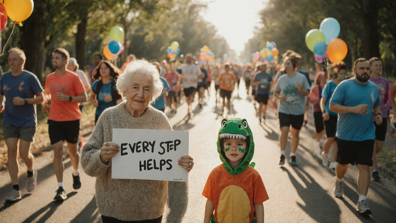An elderly woman and a young boy hold a handmade sign saying 'Every Step Helps' at a cheerful community event.