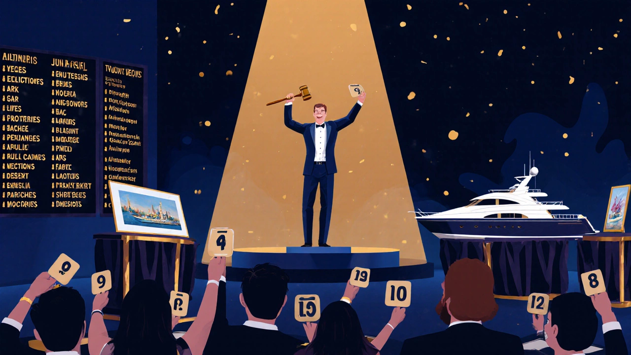 Auctioneer leads a lively live auction with bidders raising paddles.