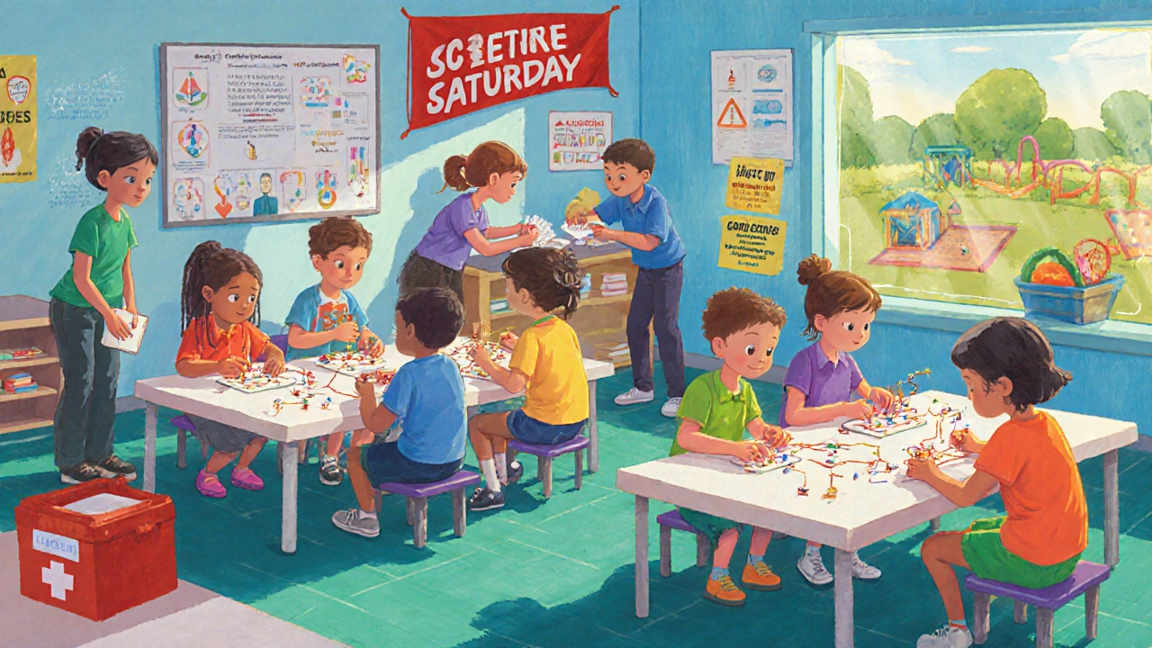 Children building simple circuits in small groups under staff supervision during a science activity.