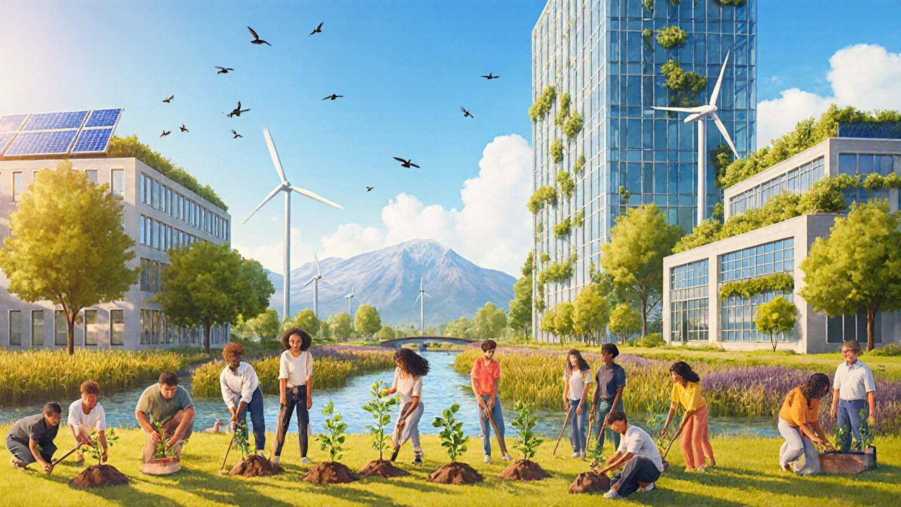 City scene of people planting trees, solar panels, wind turbine, and green rooftops.
