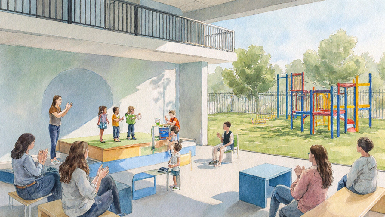 Club space reconfigured for a showcase with parents watching children perform, outdoor play area visible.