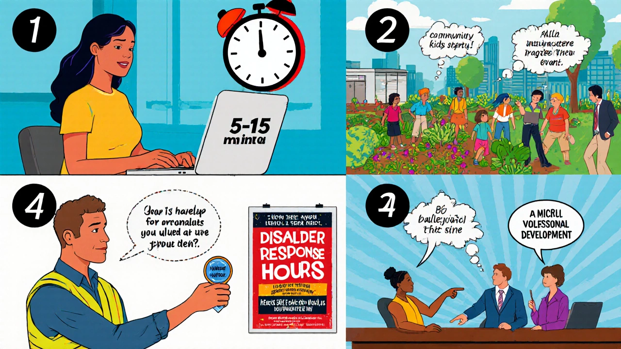 Collage of scenes showing micro‑volunteering, childcare support, skill‑building for men, and corporate encouragement.
