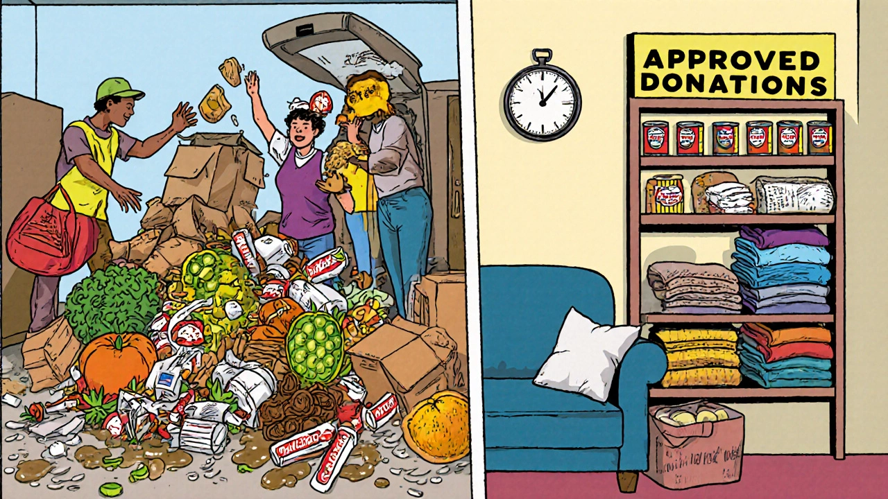 Comic‑style scene of chaotic donation drop with prohibited items versus organized approved supplies.