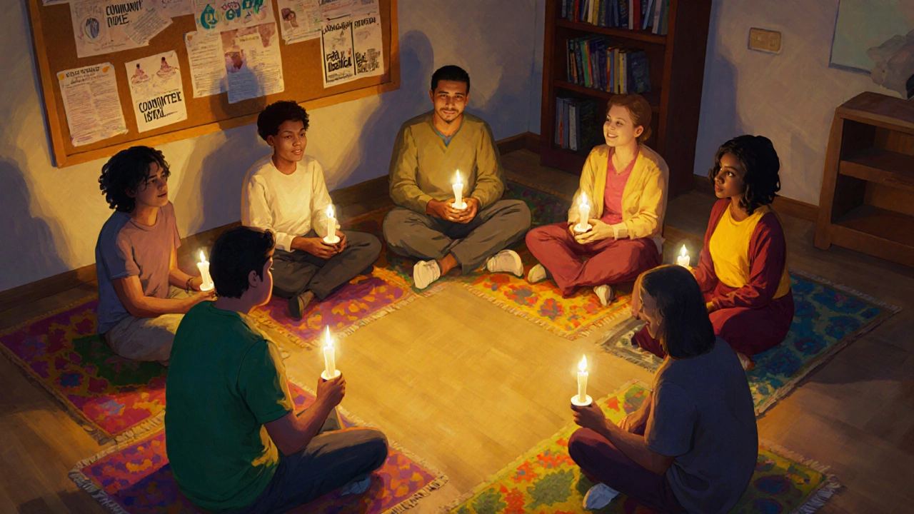 Diverse group in a circle sharing support in a warm-lit community hall.