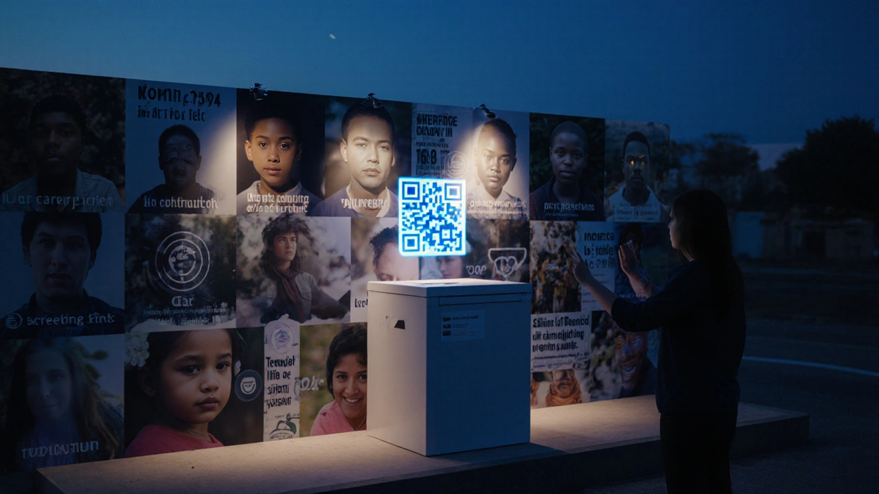 Donation station beside a photo wall with a glowing QR code inviting digital contributions.