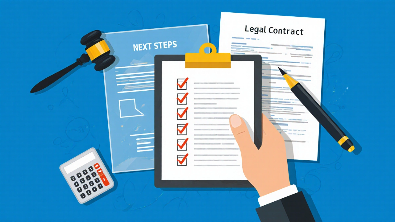 Flat design of a hand holding a checklist over legal and financial symbols, suggesting next steps.