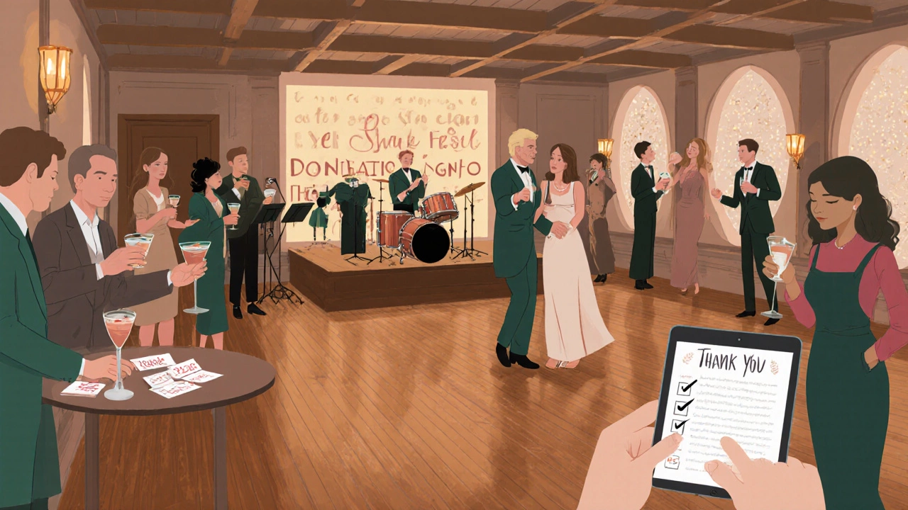 Guests enjoy a closing cocktail, dancing near a donor wall.