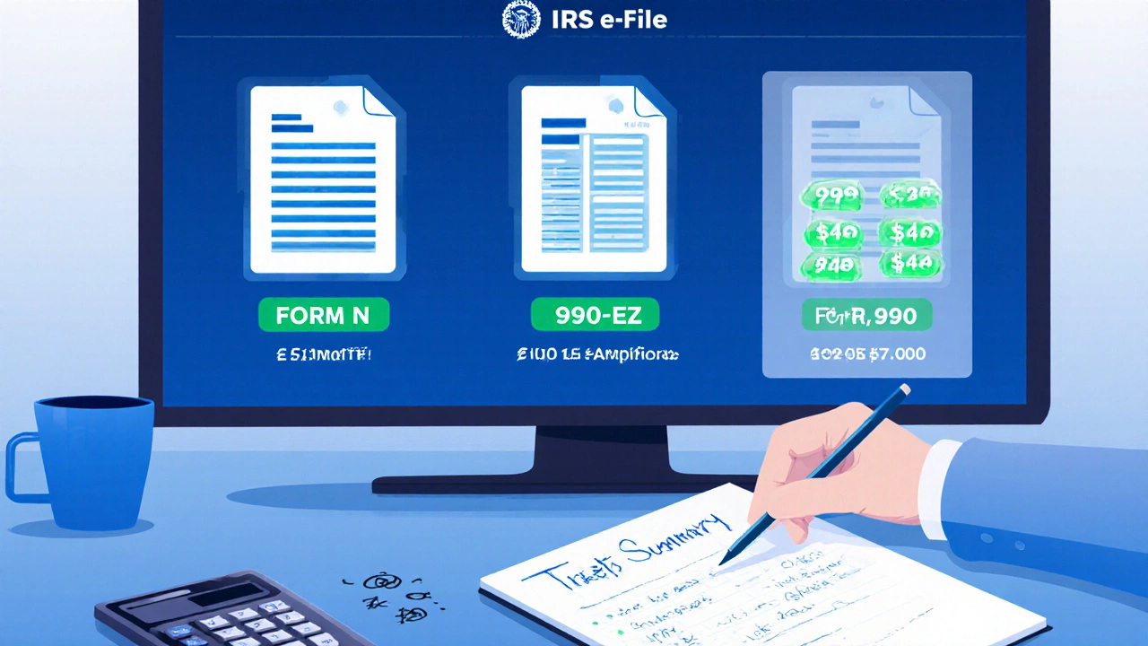 Hand selecting appropriate IRS Form 990 variant on a computer screen.