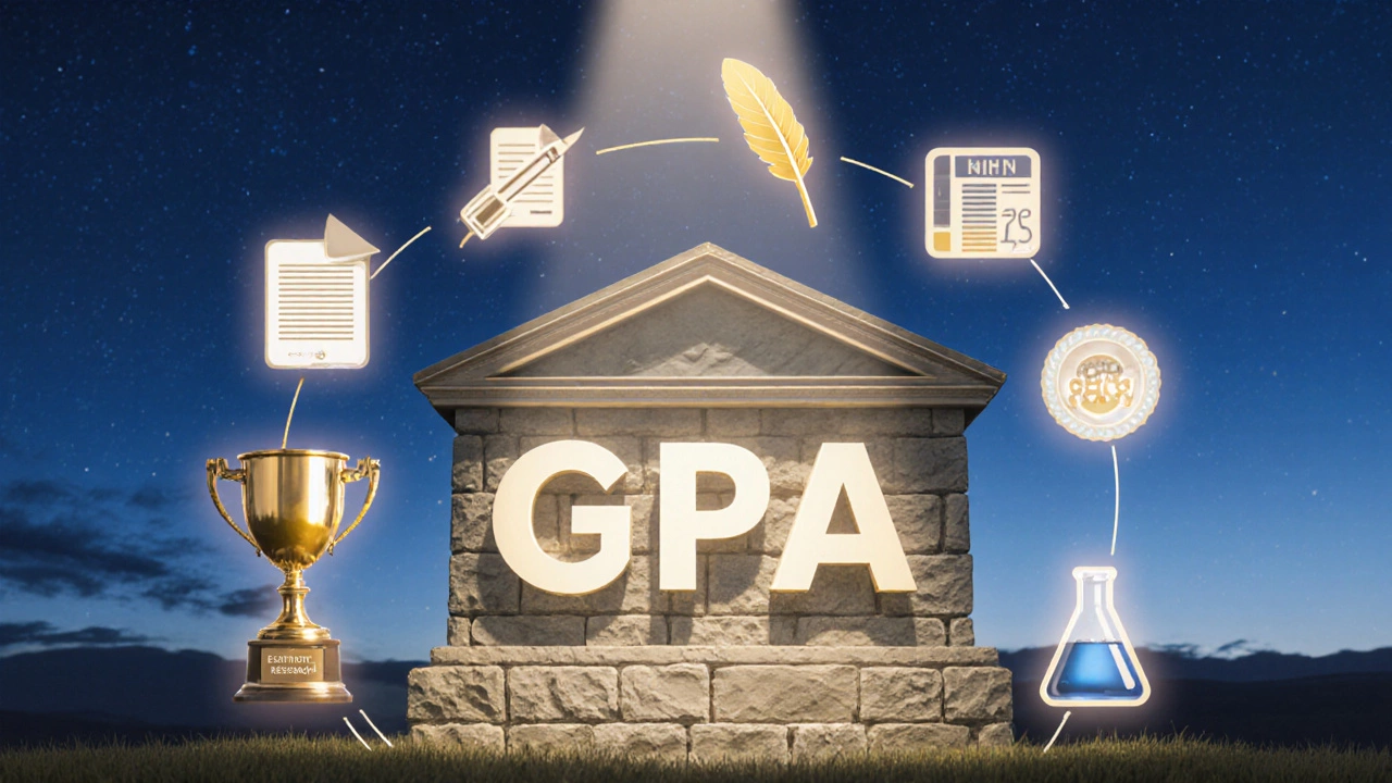 Illustrated house foundation labeled GPA surrounded by symbols of essays, tests, and activities