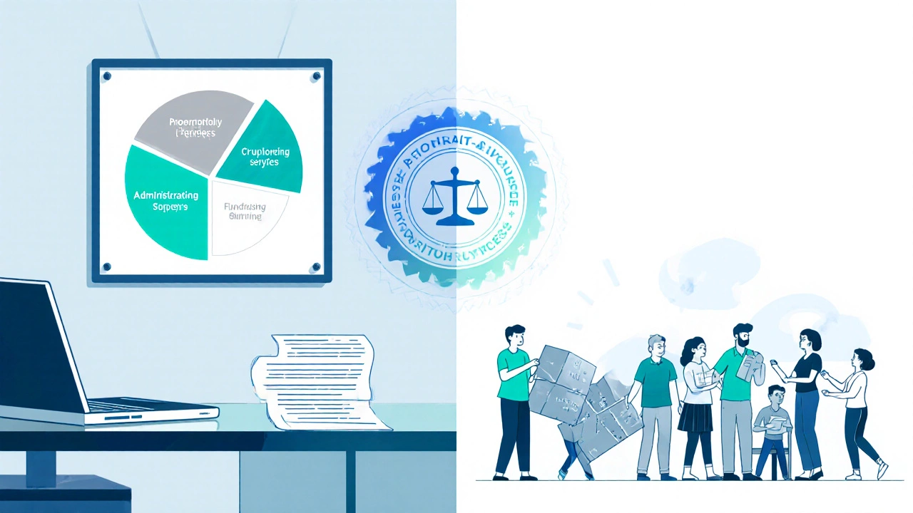 Illustration of nonprofit office budgets alongside volunteers working under a justice scale.