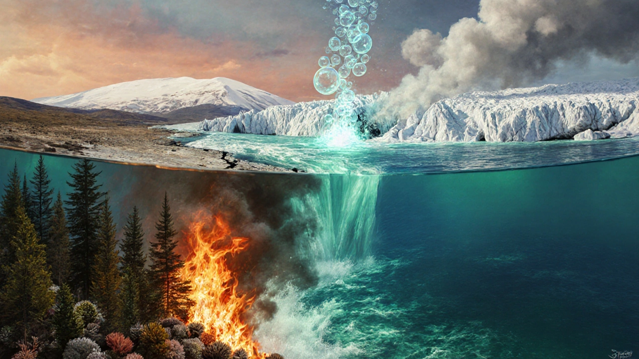 Illustration of thawing permafrost, methane bubbles, glacier melt, forest fire, and bleaching reef.