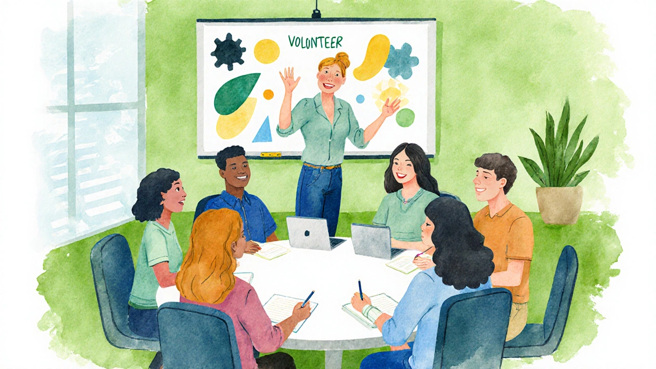 Mentor leads a diverse group of volunteers in a bright workshop.