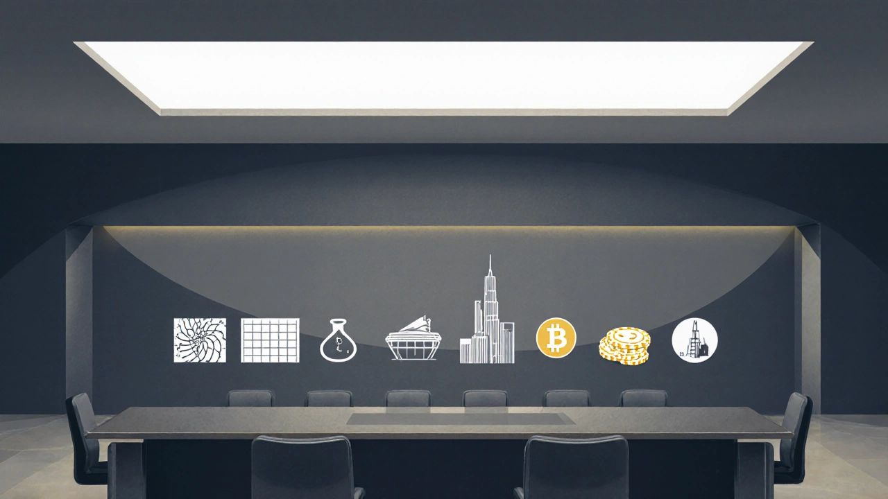 Overhead view of a boardroom with icons representing ten silent billionaires.