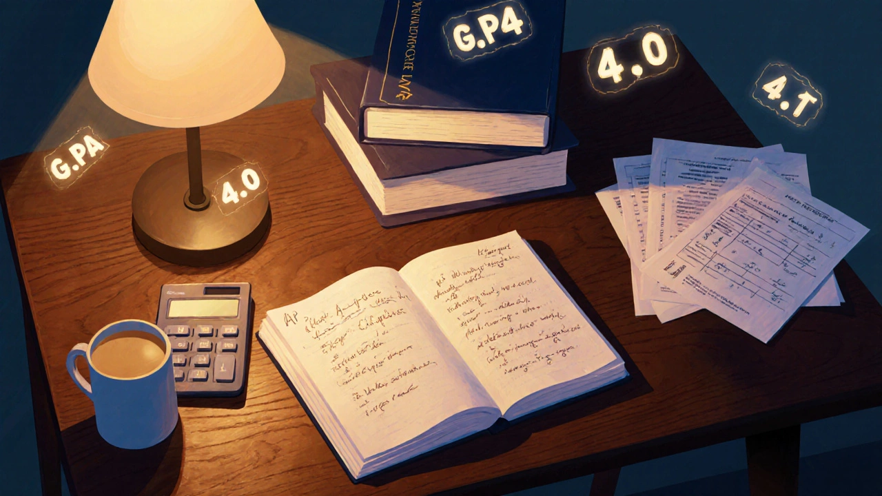 Overhead view of study desk with books, papers, and floating GPA numbers