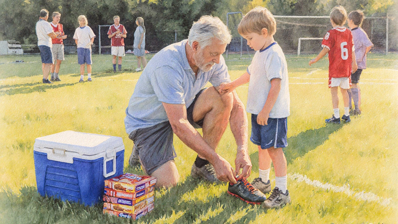 Parent helping child tie soccer shoes on a field