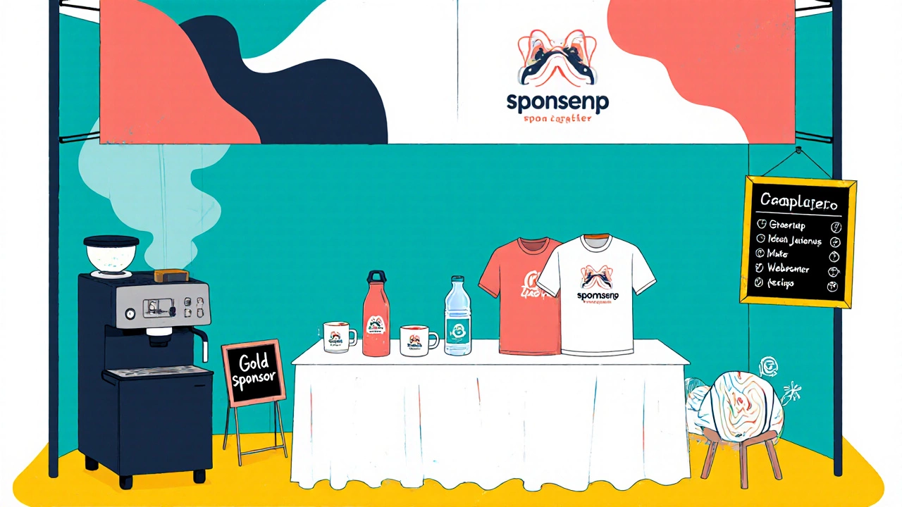 Sponsorship booth showcasing merchandise, coffee service, and workshop icons at the event.