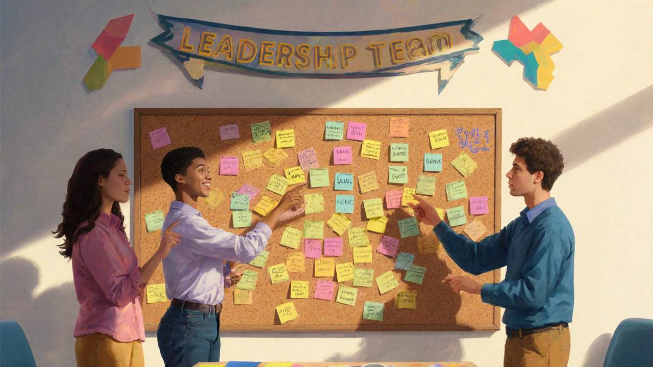Student leaders planning on a sticky‑note board.