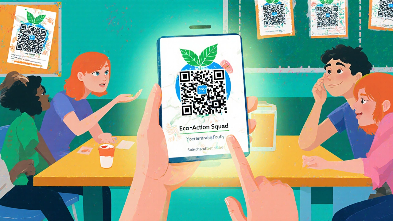 Student scanning a QR‑code flyer for a school club.