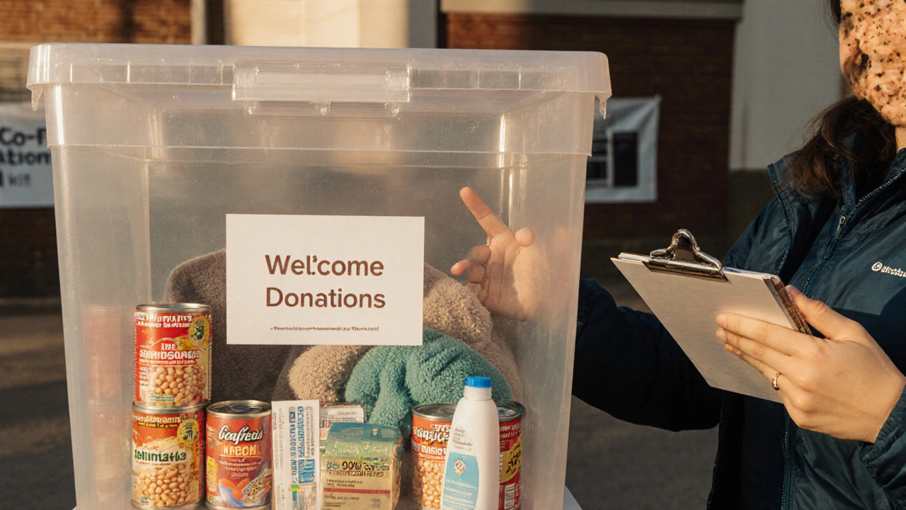 Sunlit donation box with canned food, jacket, hygiene kit, and voucher outside a shelter.