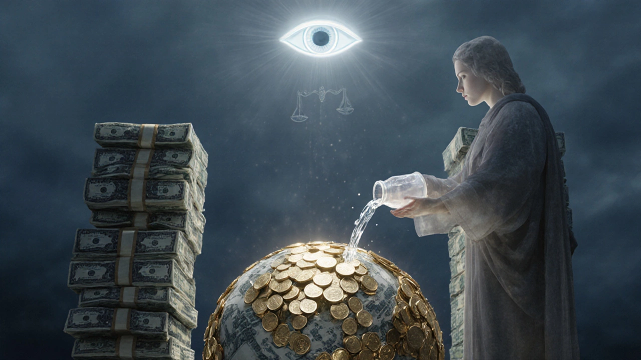 Surreal globe of coins being washed by a philanthropist’s water, blocked by cash stacks.