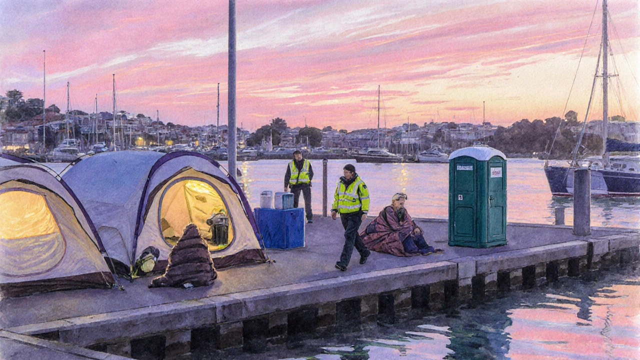 Tent community at Petone Wharf safe sleeping zone with security staff at dusk.