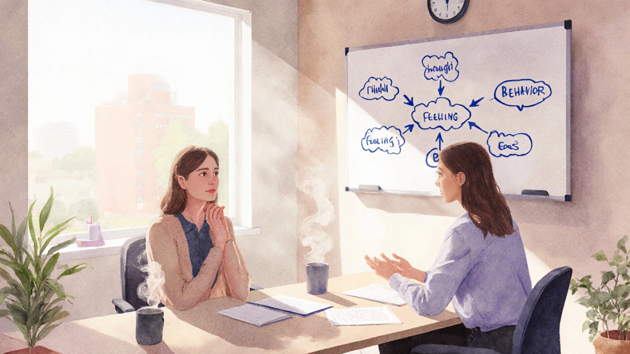 Therapist and client in a bright room with a CBT board during a counseling session.
