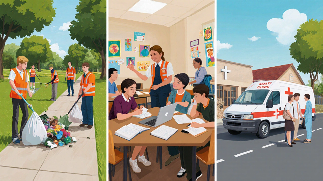 Three scenes showing clean‑up, tutoring, and mobile health clinic outreach programs.