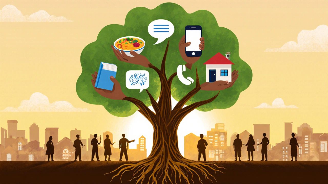 Tree with roots shaped as hands holding community symbols under golden light