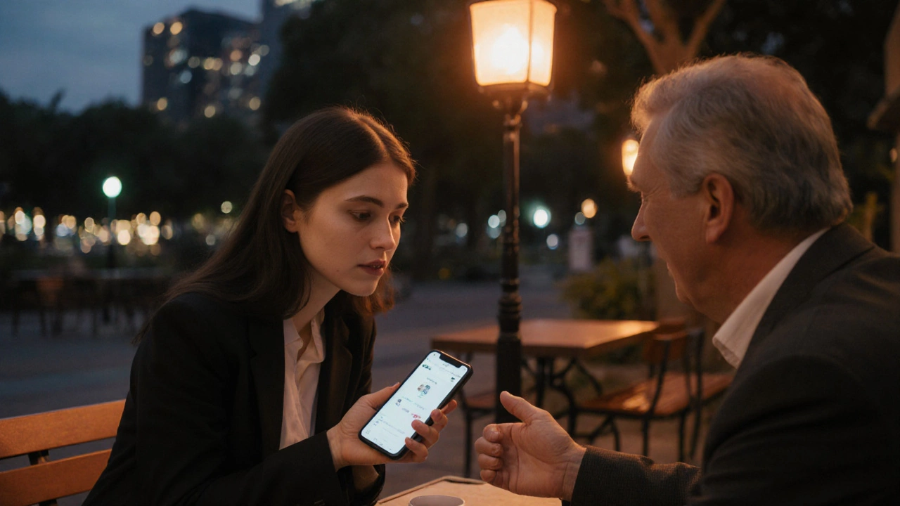 Two adults exchange contact info at a cozy café patio at dusk.
