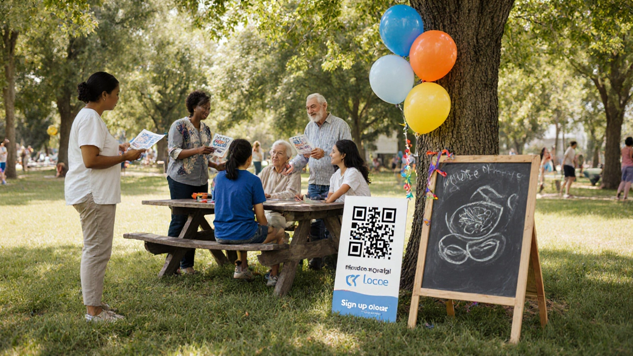 Volunteers handing out flyers to families in a park with seniors nearby