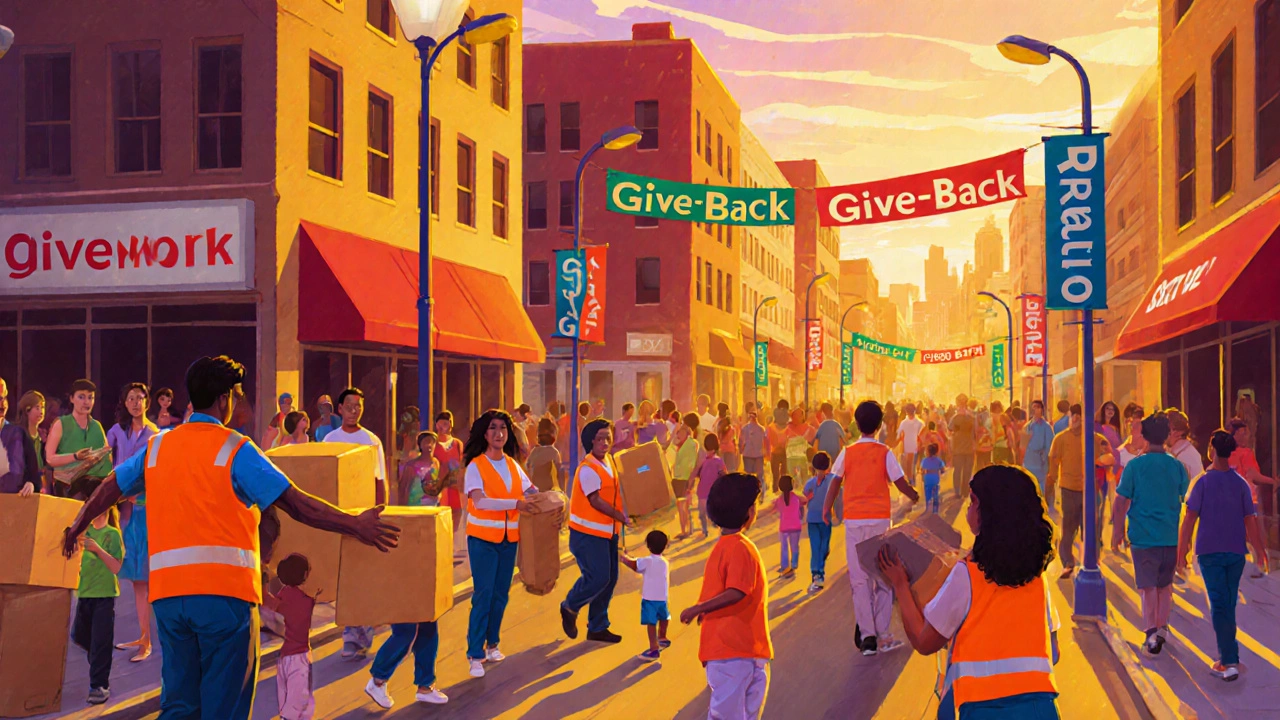 Volunteers in bright vests distribute food boxes on a busy city street, showing increased aid.