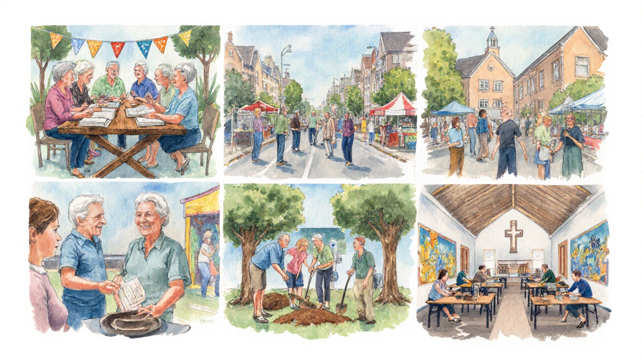 Watercolor collage of community book club, street fair, volunteers, pottery class, gym, and chapel.