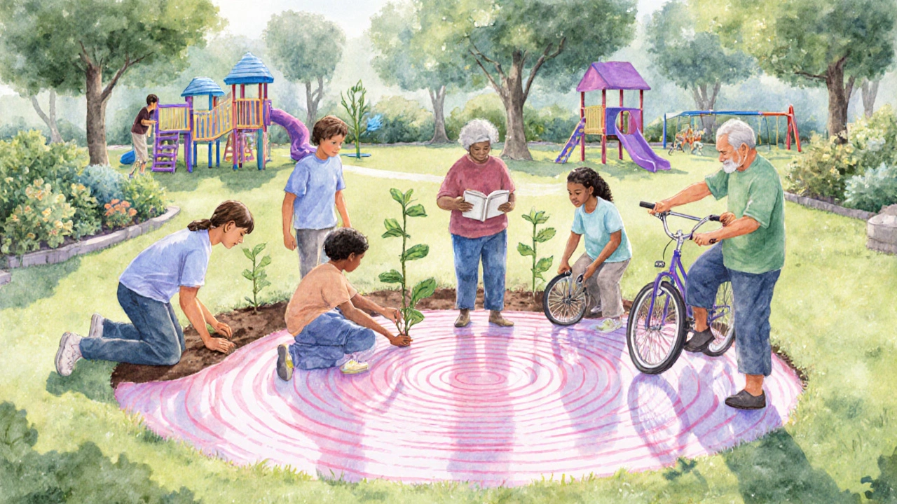 Watercolor scene of diverse volunteers planting trees and tutoring, with ripple of community impact.