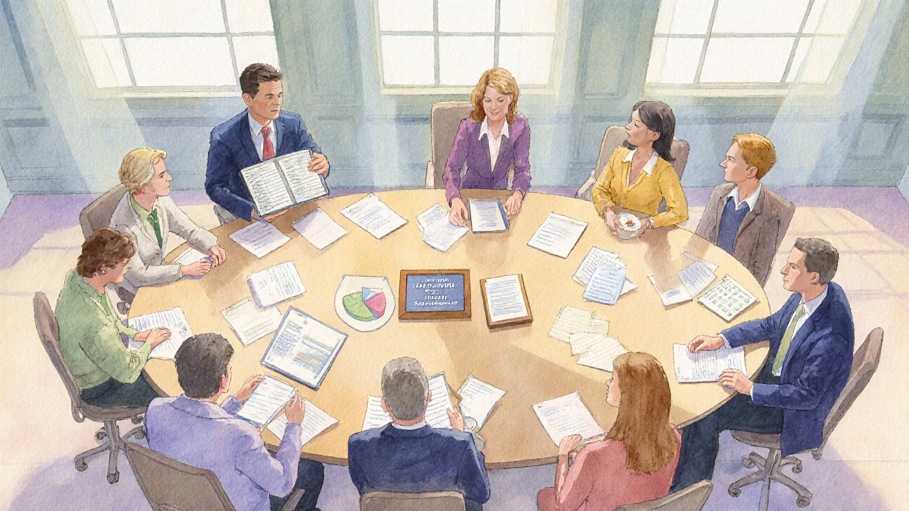 Watercolor view of a family trustees group and a diverse nonprofit board with financial documents.