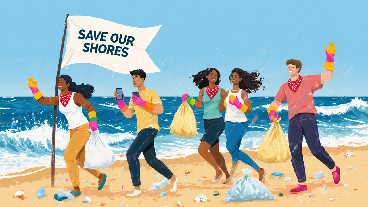 Young adults cleaning a beach with phones and trash bags