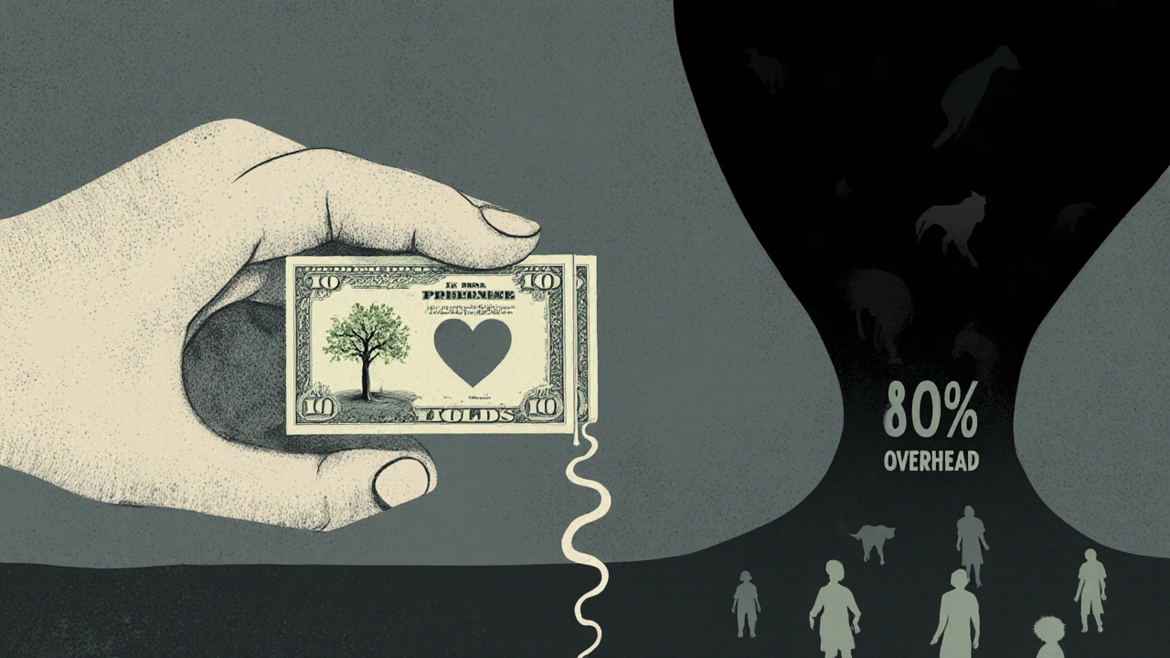 A dollar bill splitting into two paths—one nurturing a tree of impact, the other disappearing into darkness with wasted funds.