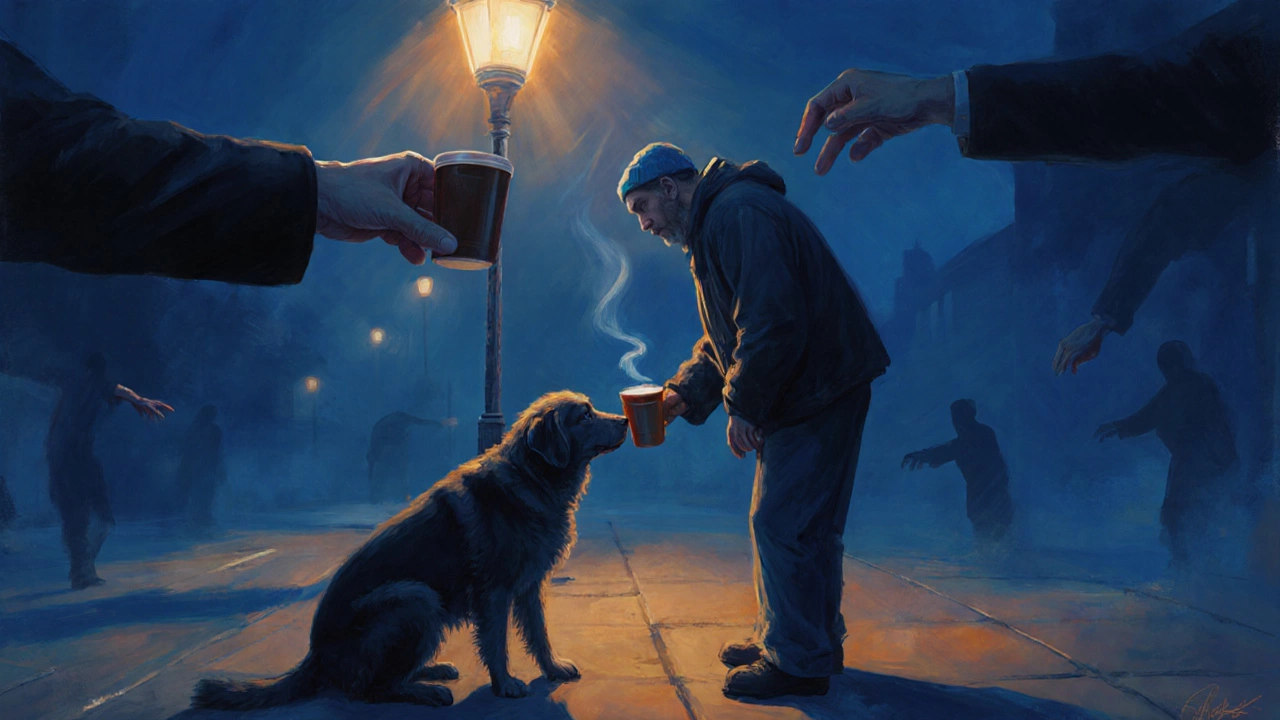 A hand offering coffee to a homeless man and his dog under a streetlamp at night.