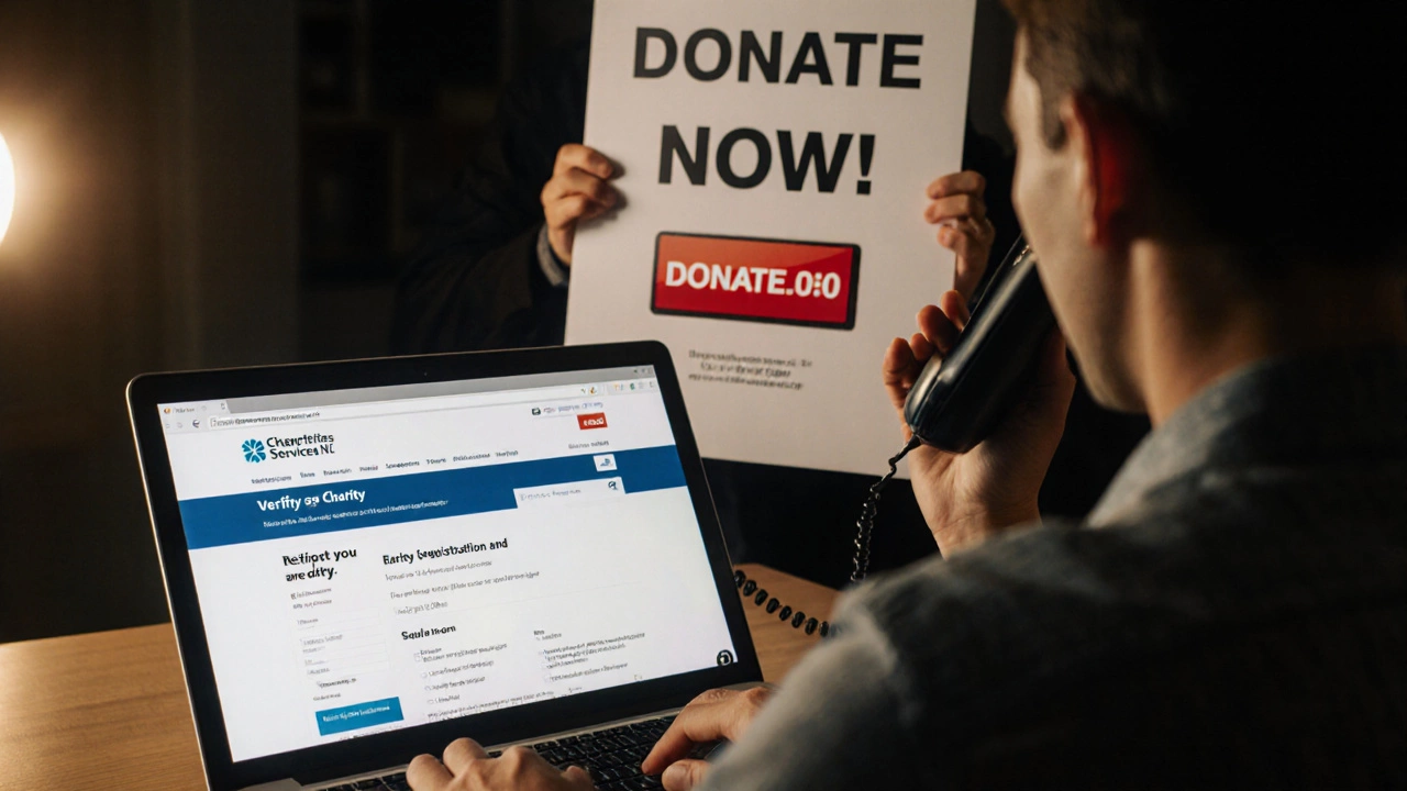 A person verifying a charity online, relieved, while a fake telemarketer fades into shadows behind them.