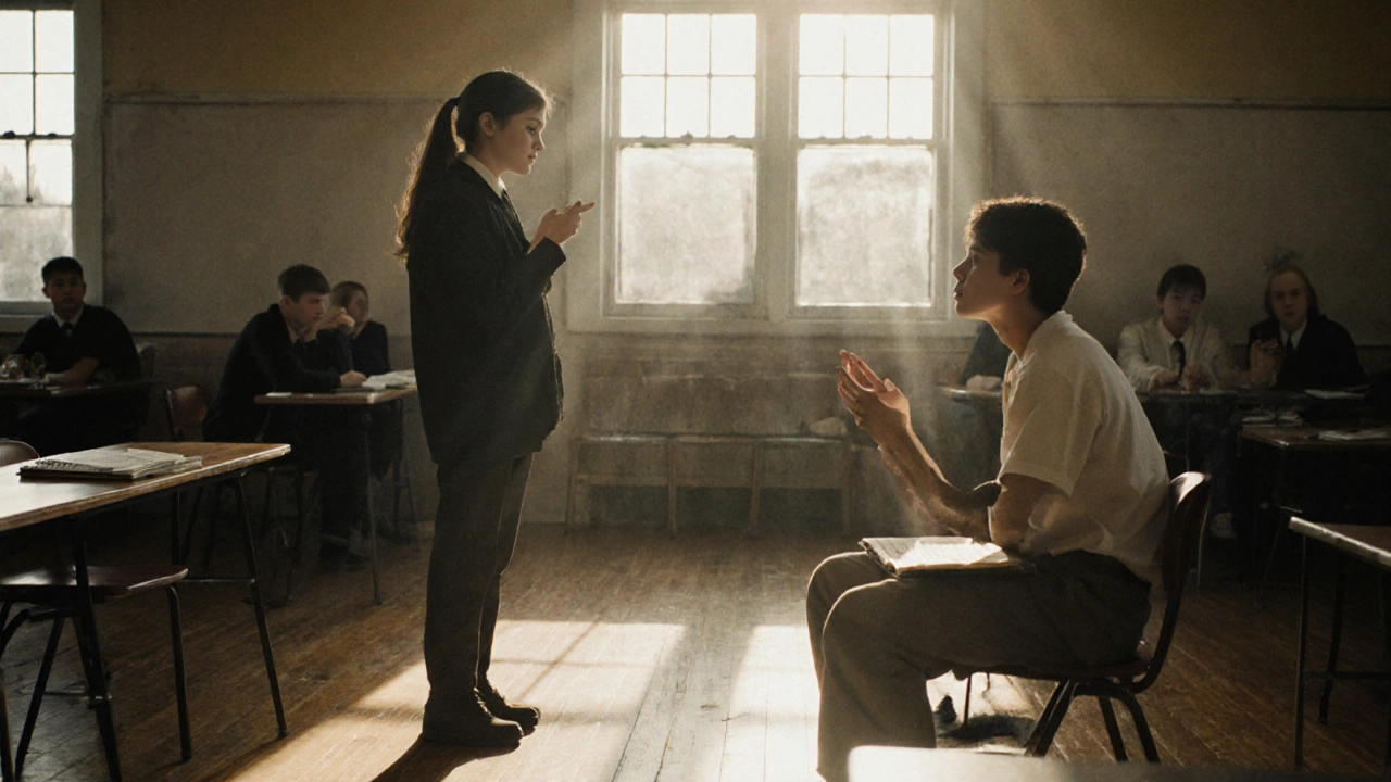 A student watches another rehearse a monologue in an empty drama club.