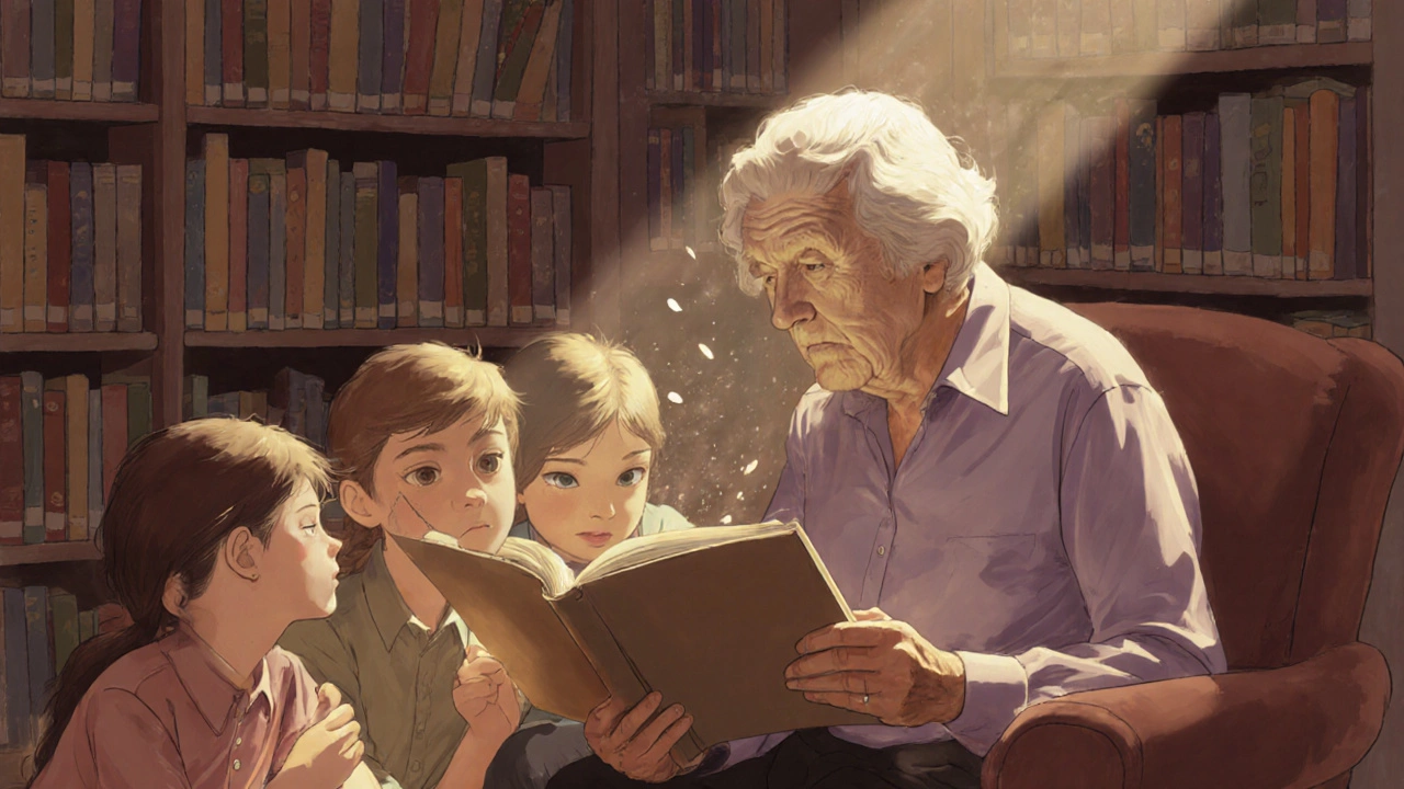 A teacher reading to children in a cozy library, sunlight highlighting their connection.
