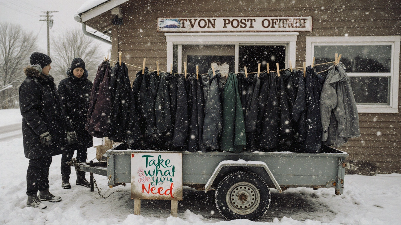 A trailer outside a post office filled with coats for people to take freely, no forms needed.