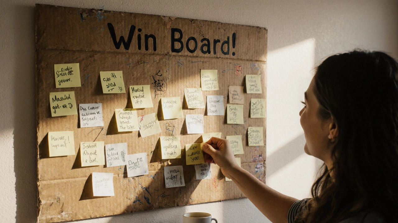 A wall covered in sticky notes recording small community victories, lit by warm lamplight.