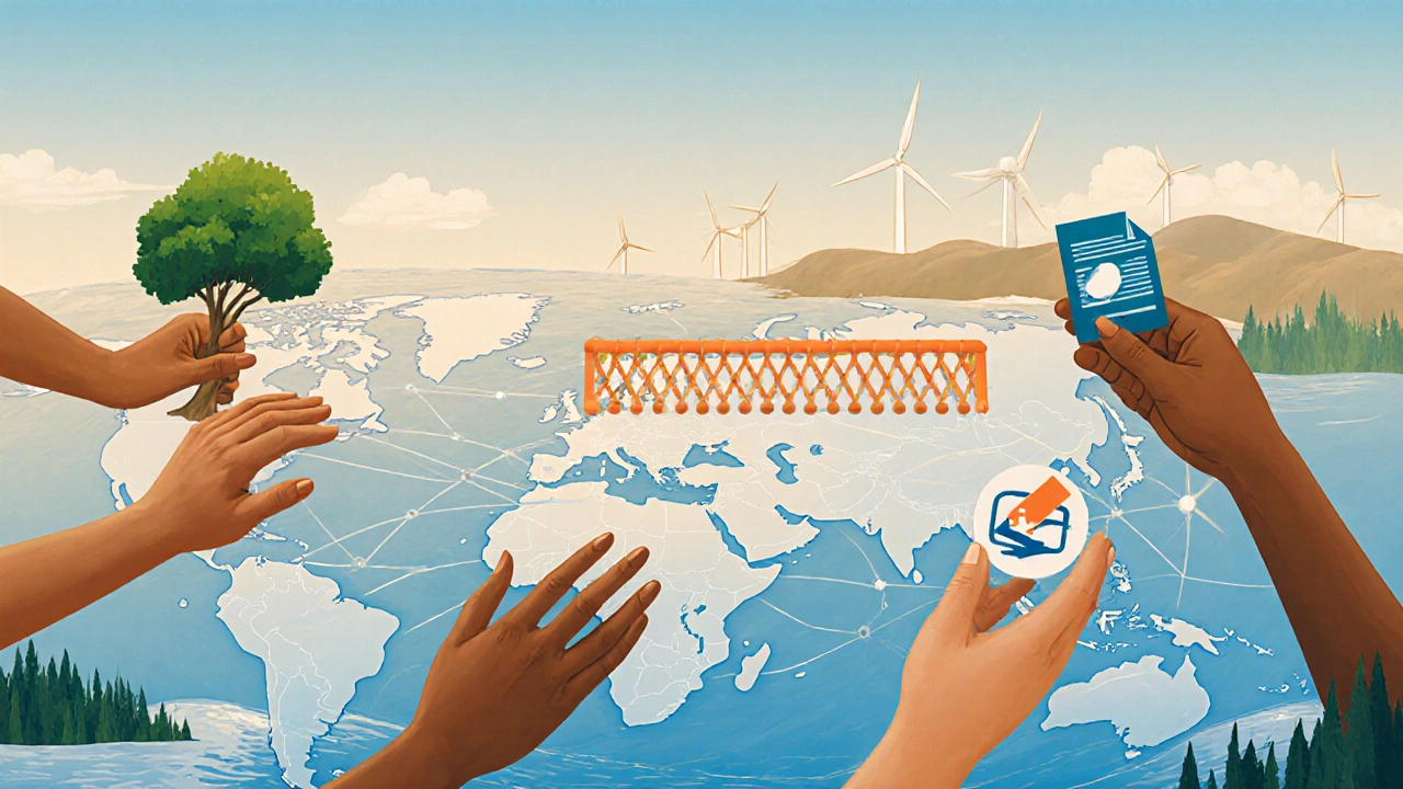 Abstract hands connected across continents holding symbols of forest, river, ballot, and data streams.