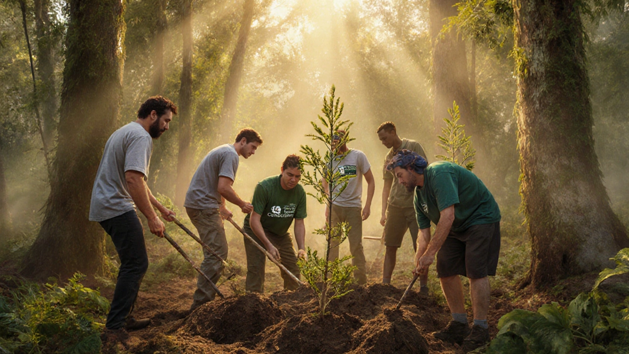Diverse volunteers planting native trees in a misty New Zealand forest