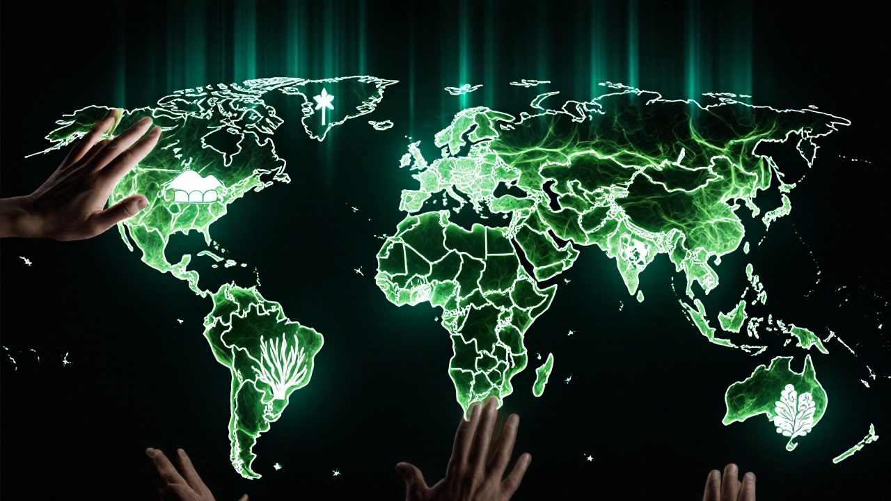 Global network of hands connected by glowing green vines symbolizing climate action