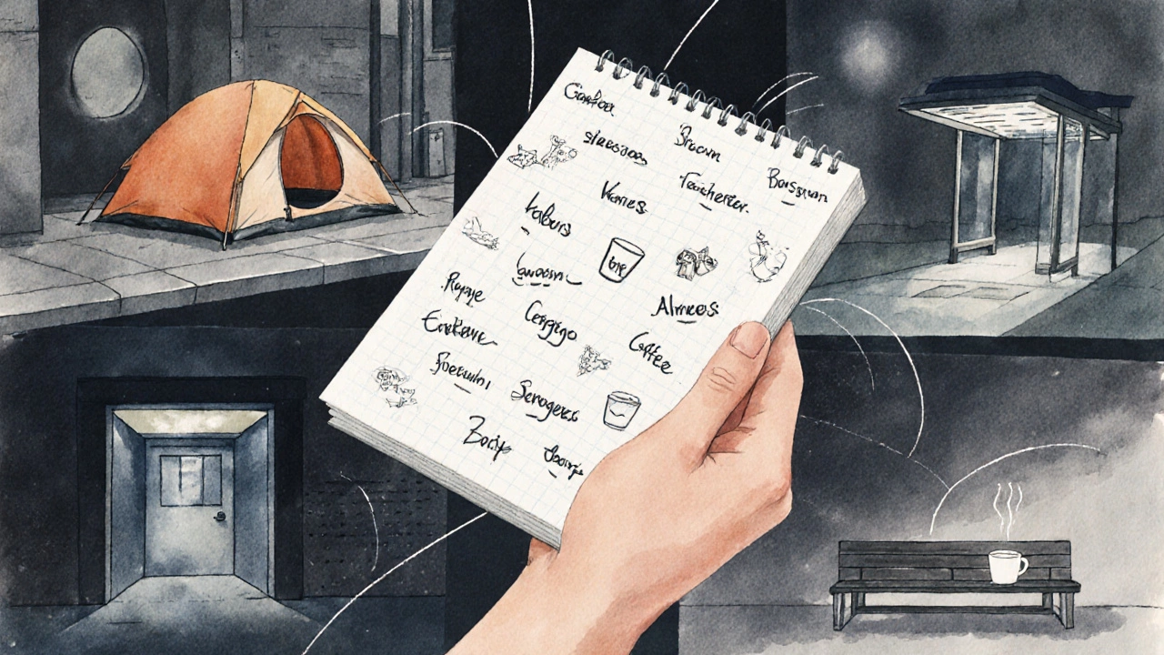 Notebook with personal notes floating above scenes of community connection and care.