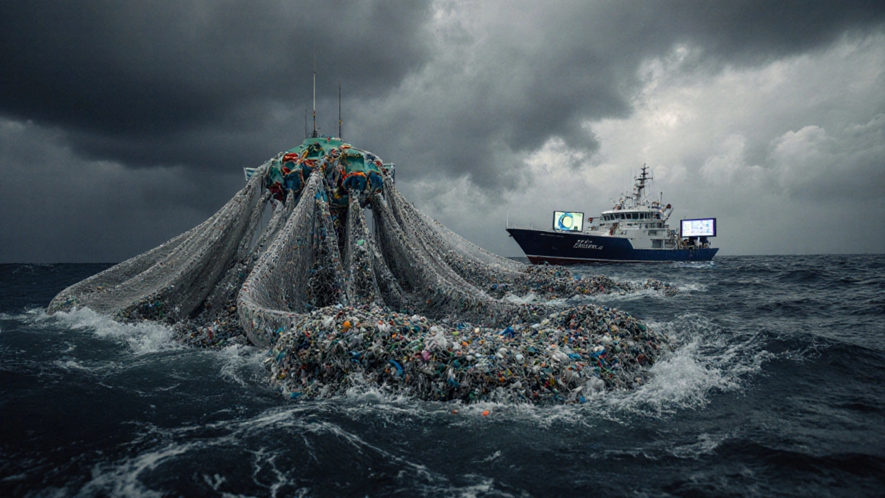 Ocean Cleanup system collects plastic debris in the Pacific Garbage Patch under stormy skies.