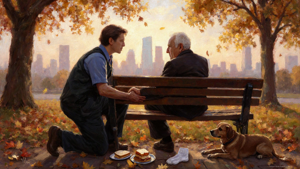 Outreach worker sitting with an elderly man on a park bench, sharing a quiet moment at sunrise.